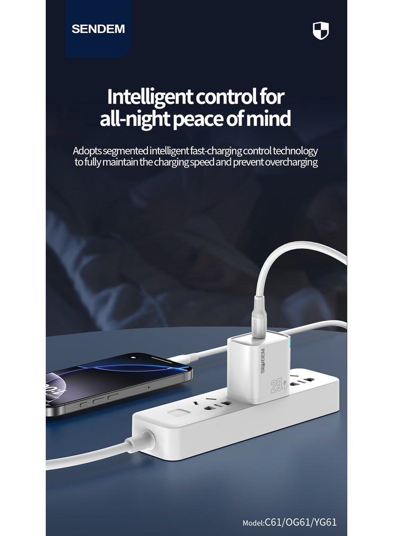 سيندم شاحن SENDEM OG61 السريع بقوة 25 واط بتقنية PD مع كابل من النوع C إلى النوع C - قابس أوروبي - شحن فائق السرعة لأجهزة أندرويد وآيفون - Image 4